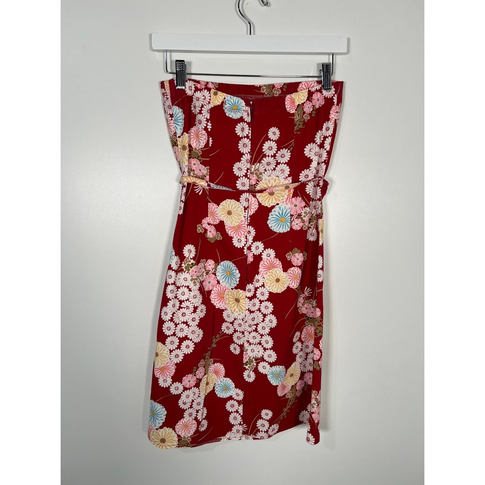 Vintage Y2K Red Floral Strapless Mini Dress Asian inspired Summer Boho Medium - Picture 4 of 6